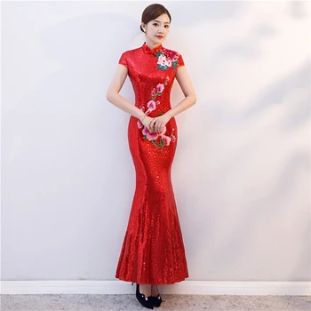 Raudona Blizgučiais Slidinėti Ilgai Cheongsam Suknelė Moterų Šiuolaikinės Qipao Chinois Skraiste Orientale Tradicinės Kinų Suknelė Vintage Vestuvių