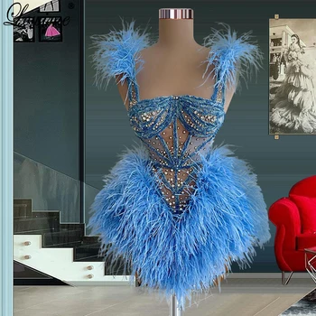 Mini Baby Blue Prom Dresses Su Kristalais Undinė Plunksnos Kokteilių Sukneles Spageti Homecoming Suknelės Vestidos De Mujer