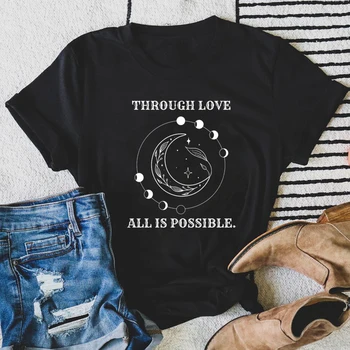 Per Meilės Viskas Yra Įmanoma, T-shirt Estetinės Dangaus Mėnulio Astrologijos Marškinėlius Derliaus Moterų Krikščionių Būti Mylimas Viršuje Tee