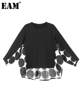 [EAM] Moterys Black Dot Spausdinti Spliced Didelis Dydis, T-shirt Naujas Apvalios Kaklo, ilgomis Rankovėmis Mados Banga Pavasario Rudens 2023 1DF0605