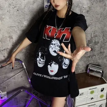 Hip-Hop, Rokas Negabaritinių Marškinėliai Moterų Streetwear High Street Punk Stiliaus Vasaros T-Shirt Harajuku KISS Spausdinti Moterų Viršūnių Tees