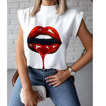 Hirigin Moterys T-Shirt Mados Elegantiškas Lūpų Spausdinti Viršūnės Vasarą Office Ponios Atsitiktinis Stovėti Kaklo Trumpomis Rankovėmis Vasaros Drabužių