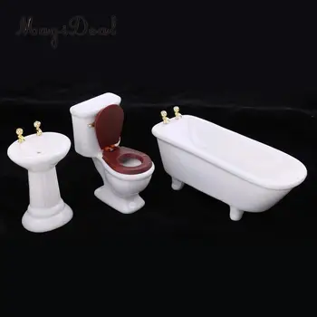 3Pcs/Set Baltos Keramikos Vonios kambarys, Vonia už 1/12 Masto Miniatiūriniai Lėlių Baldai, Dekoras Vaikų, Vaidmuo Žaisti Žaislų