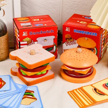 Montessori Mediniai Imitacija Hamburger Bulvytės Sandwich Nustatyti Stulpelio Atitikimo Maisto Pjovimo Virtuvės Indai Šeimos Žaislas Dovanos