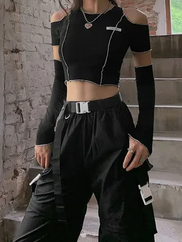 HOUZHOU Goth Black marškinėliai Techwear 