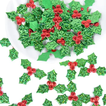 100vnt Mini Blizgučiai Žalia Holly Lapų Raudonų Uogų Kalėdų Ornamentu Dirbtinis Holly Lapai Klijuoti ant 