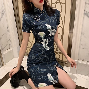 2021 Kinų Suknelė Moterims, Elegantiška Vintage Spausdinti Krano Qipao Suknelė Vestidos Seksualus Šalis Vestuvių Padalinta Cheongsam Suknelės Quipao