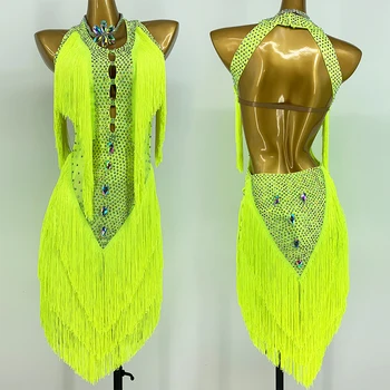 Fluorescencijos Spalva lotynų Šokių Suknelė Moterims Seksualus Backless Kutais, Konkurencijos Suknelė Cha Cha, Rumba Kostiumas kalnų krištolas Suknelė BL8054