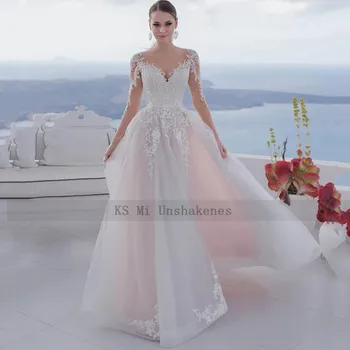 Rožinė Vestuvių Suknelės ilgomis Rankovėmis Nėrinių Nuotakos Suknelė 2021 Chalatas de Mariee Sposa Linijos Senovinių Vestuvių Suknelės Beach Užsakymą