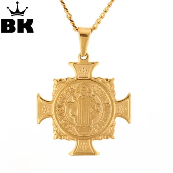 THE BLING KARALIUS 316L Nerūdijančio Plieno, Šventojo Benedikto iš Nursia Kryžiaus Medalis Pakabukas Hip-Hop Papuošalai su 3mm 24inch Kubos Grandinės