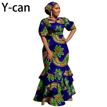 Afrikos Suknelės Moterims Dashiki Ankara Spausdinti Slim Raukiniai Ilgos Suknelės su Headwrap heidi bazin Riche Elegantiškas Vestidos Y2225020