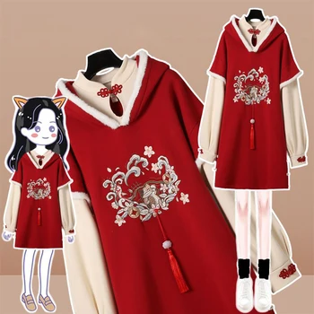 Plius Dydis-ilgomis Rankovėmis Palaidinukė Raudona Aksomo Suknelė Hanfu Kinų naujieji Metai Suknelę Žiemos Moterų Kinų Stiliaus Vestidos Kimono