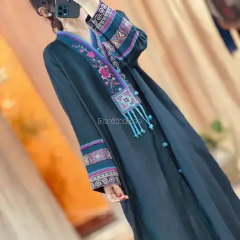 2023 kinų stiliaus siuvinėjimų etninės stiliaus linų ilgomis rankovėmis disko sagtis ilgą rudenį naujų kinijos prarasti zan arbatos moterims suknelė g583