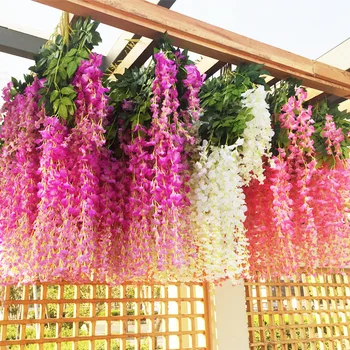 Imituojamas Wisteria lubų netikrų gėlių pintais patalpų vestuvių apdaila plastikinių pupelių gėlių violetinė kabo vynuogių