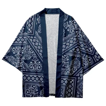 Haori Megztinis Vyrams, Moterims, Kimono Mados Spausdinti Blue Marškinėliai Japonijos Streetwear Paplūdimio Yukata Azijos Drabužiai Laisvi 5XL 6XL