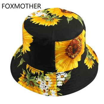FOXMOTHER Naujas Mados Saulės Kepurės Juoda Balta Saulėgrąžų Gėlių Spausdinti Kibiro Kepurę Moterims Gorras Mens Vasaros